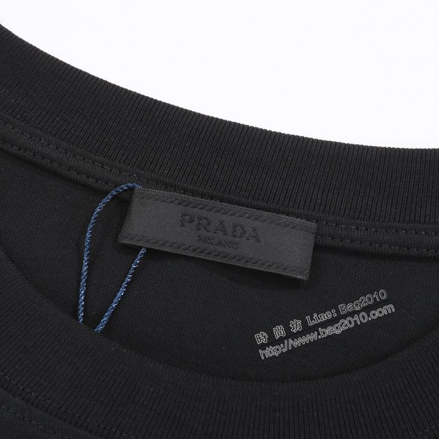 Prada專櫃普拉達2023SS新款刺繡三角標T恤 男女同款 tzy2819